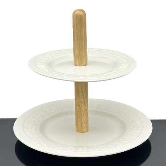 2 Tier Serving Tray White Porcelain Wood Bread and Butter Australia Farmhouse - Picture 2 of 12